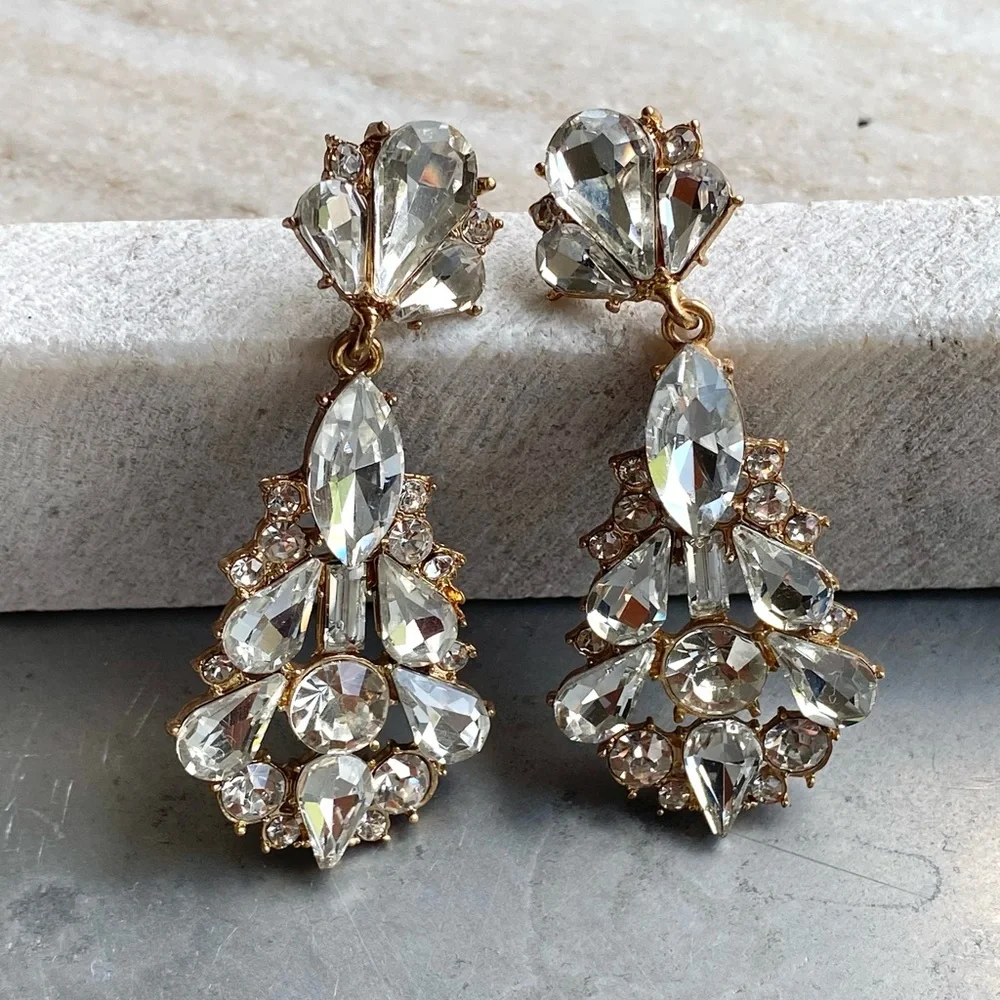 NEW Badgley Mischka Gold Crystal Drop Bridal Dangle Earrings Art Deco Chunky - Picture 2 of 6